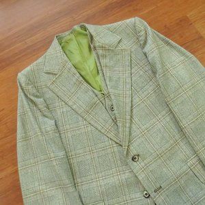 1970s Green Plaid Sport Coat Vest Set 41L Chest 43 Vintage Mens